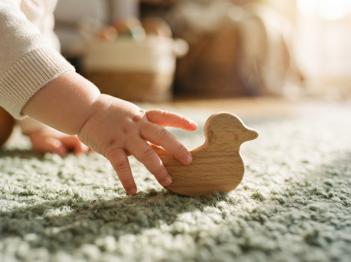 A child's hand reaching for a wooden toy in warm sunlight