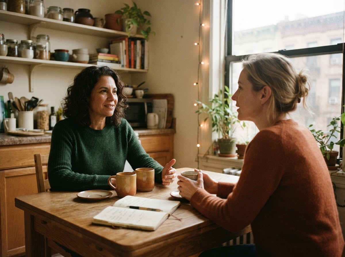 A therapist and parent talking over coffee at a kitchen table