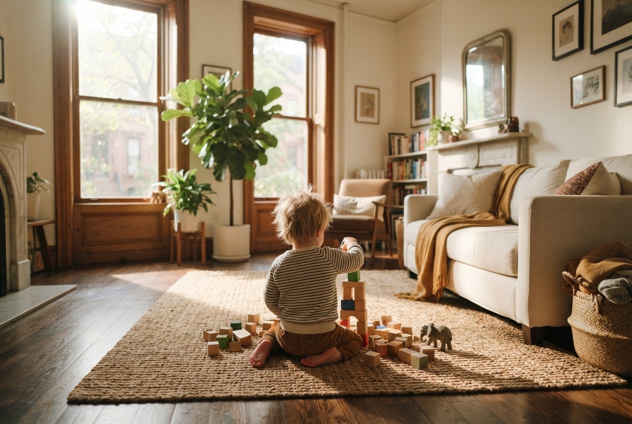 A child playing with wooden blocks in a sun-drenched New York living room