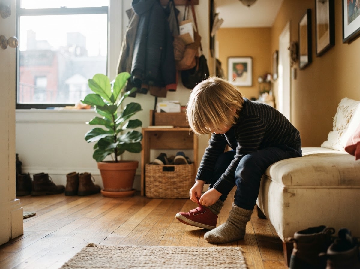A child putting on their own shoes by the front door of a sunlit apartment
